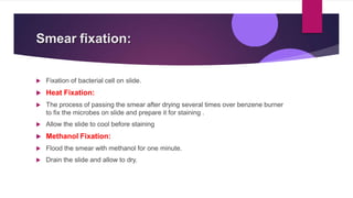 Smear fixation:
 Fixation of bacterial cell on slide.
 Heat Fixation:
 The process of passing the smear after drying several times over benzene burner
to fix the microbes on slide and prepare it for staining .
 Allow the slide to cool before staining
 Methanol Fixation:
 Flood the smear with methanol for one minute.
 Drain the slide and allow to dry.
 
