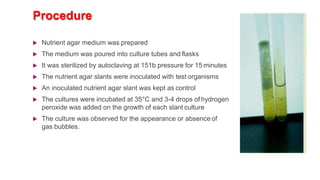Procedure
 Nutrient agar medium was prepared
 The medium was poured into culture tubes and flasks
 It was sterilized by autoclaving at 151b pressure for 15 minutes
 The nutrient agar slants were inoculated with test organisms
 An inoculated nutrient agar slant was kept as control
 The cultures were incubated at 35°C and 3-4 drops of hydrogen
peroxide was added on the growth of each slant culture
 The culture was observed for the appearance or absence of
gas bubbles.
 