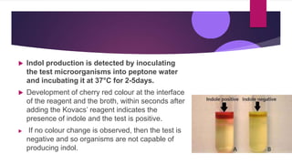  Indol production is detected by inoculating
the test microorganisms into peptone water
and incubating it at 37°C for 2-5days.
 Development of cherry red colour at the interface
of the reagent and the broth, within seconds after
adding the Kovacs’ reagent indicates the
presence of indole and the test is positive.
 If no colour change is observed, then the test is
negative and so organisms are not capable of
producing indol.
 