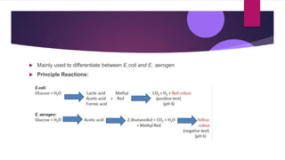  Mainly used to differentiate between E.coli and E. aerogen
 Principle Reactions:
 