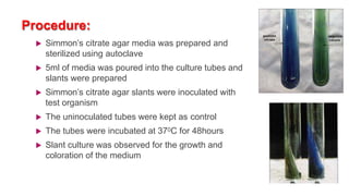 Procedure:
 Simmon’s citrate agar media was prepared and
sterilized using autoclave
 5ml of media was poured into the culture tubes and
slants were prepared
 Simmon’s citrate agar slants were inoculated with
test organism
 The uninoculated tubes were kept as control
 The tubes were incubated at 370C for 48hours
 Slant culture was observed for the growth and
coloration of the medium
 