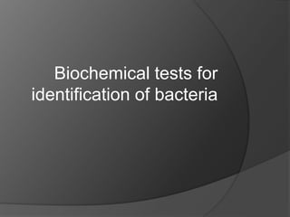 Biochemical tests for
identification of bacteria
 