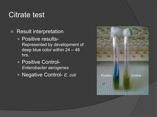 Citrate test
 Result interpretation
 Positive results-
Represented by development of
deep blue color within 24 – 48
hrs.
 Positive Control-
Enterobacter aerogenes
 Negative Control- E. coli Positive Control
 