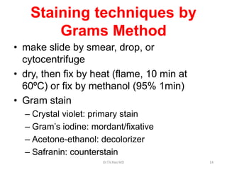 Staining techniques by
Grams Method
• make slide by smear, drop, or
cytocentrifuge
• dry, then fix by heat (flame, 10 min at
60ºC) or fix by methanol (95% 1min)
• Gram stain
– Crystal violet: primary stain
– Gram’s iodine: mordant/fixative
– Acetone-ethanol: decolorizer
– Safranin: counterstain
Dr.T.V.Rao MD 14
 