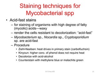 Staining techniques for
Mycobacterial spp
• Acid-fast stains
– for staining of organisms with high degree of fatty
(mycolic) acids—waxy
– render the cells resistant to decolorization: “acid-fast”
– Mycobacterium sp., Nocardia sp., Cryptosporidium
sp. are acid-fast
– Procedure
• Ziehl-Neelsen: heat drives in primary stain (carbolfuchsin)
• Kinyoun: higher conc. of phenol does not require heat
• Decolorize with acid-alcohol
• Counterstain with methylene blue or malachite green
Dr.T.V.Rao MD 25
 