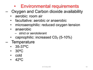 • Environmental requirements
– Oxygen and Carbon dioxide availability
• aerobic: room air
• facultative: aerobic or anaerobic
• microaerophilic: reduced oxygen tension
• anaerobic
– strict or aerotolerant
• capnophilic: increased C02 (5-10%)
– Temperature
• 35-37ºC
• 30ºC
• cold
• 42ºC
Dr.T.V.Rao MD 59
 