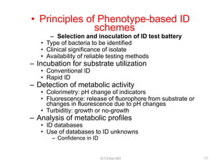 • Principles of Phenotype-based ID
schemes
– Selection and inoculation of ID test battery
• Type of bacteria to be identified
• Clinical significance of isolate
• Availability of reliable testing methods
– Incubation for substrate utilization
• Conventional ID
• Rapid ID
– Detection of metabolic activity
• Colorimetry: pH change of indicators
• Fluorescence: release of fluorophore from substrate or
changes in fluorescence due to pH changes
• Turbiditiy: growth or no-growth
– Analysis of metabolic profiles
• ID databases
• Use of databases to ID unknowns
– Confidence in ID
Dr.T.V.Rao MD 77
 