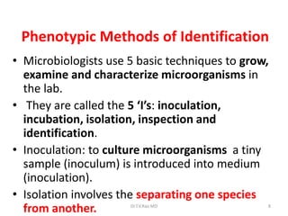 8
Phenotypic Methods of Identification
• Microbiologists use 5 basic techniques to grow,
examine and characterize microorganisms in
the lab.
• They are called the 5 ‘I’s: inoculation,
incubation, isolation, inspection and
identification.
• Inoculation: to culture microorganisms a tiny
sample (inoculum) is introduced into medium
(inoculation).
• Isolation involves the separating one species
from another. Dr.T.V.Rao MD
 