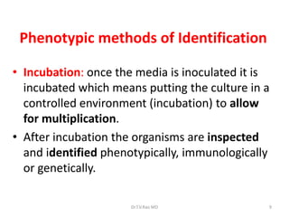 9
Phenotypic methods of Identification
• Incubation: once the media is inoculated it is
incubated which means putting the culture in a
controlled environment (incubation) to allow
for multiplication.
• After incubation the organisms are inspected
and identified phenotypically, immunologically
or genetically.
Dr.T.V.Rao MD
 