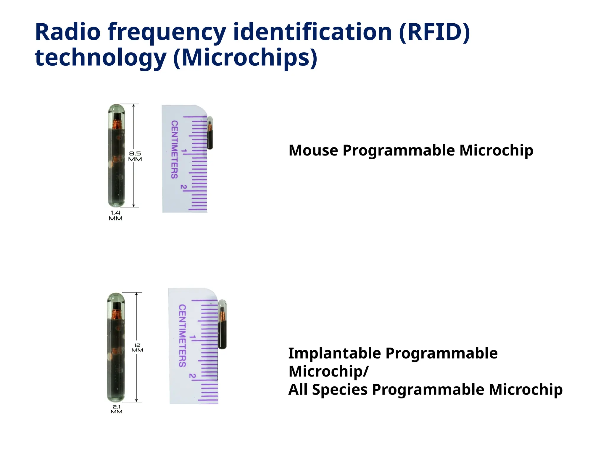 Radio frequency identification (RFID)
technology (Microchips)
Mouse Programmable Microchip
Implantable Programmable
Microchip/
All Species Programmable Microchip
 