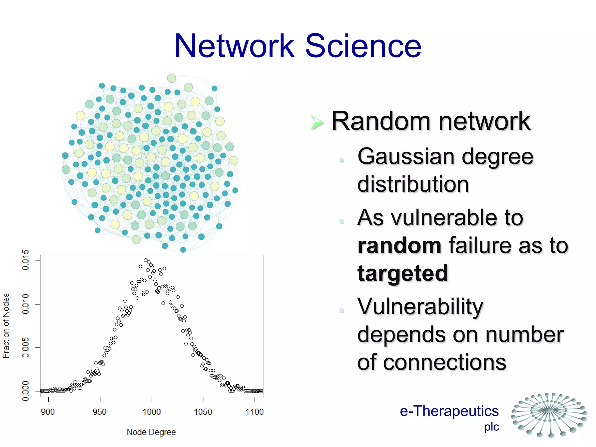 e-Therapeutics
plc
 Random network
 Gaussian degree
distribution
 As vulnerable to
random failure as to
targeted
 Vulnerability
depends on number
of connections
Network Science
 