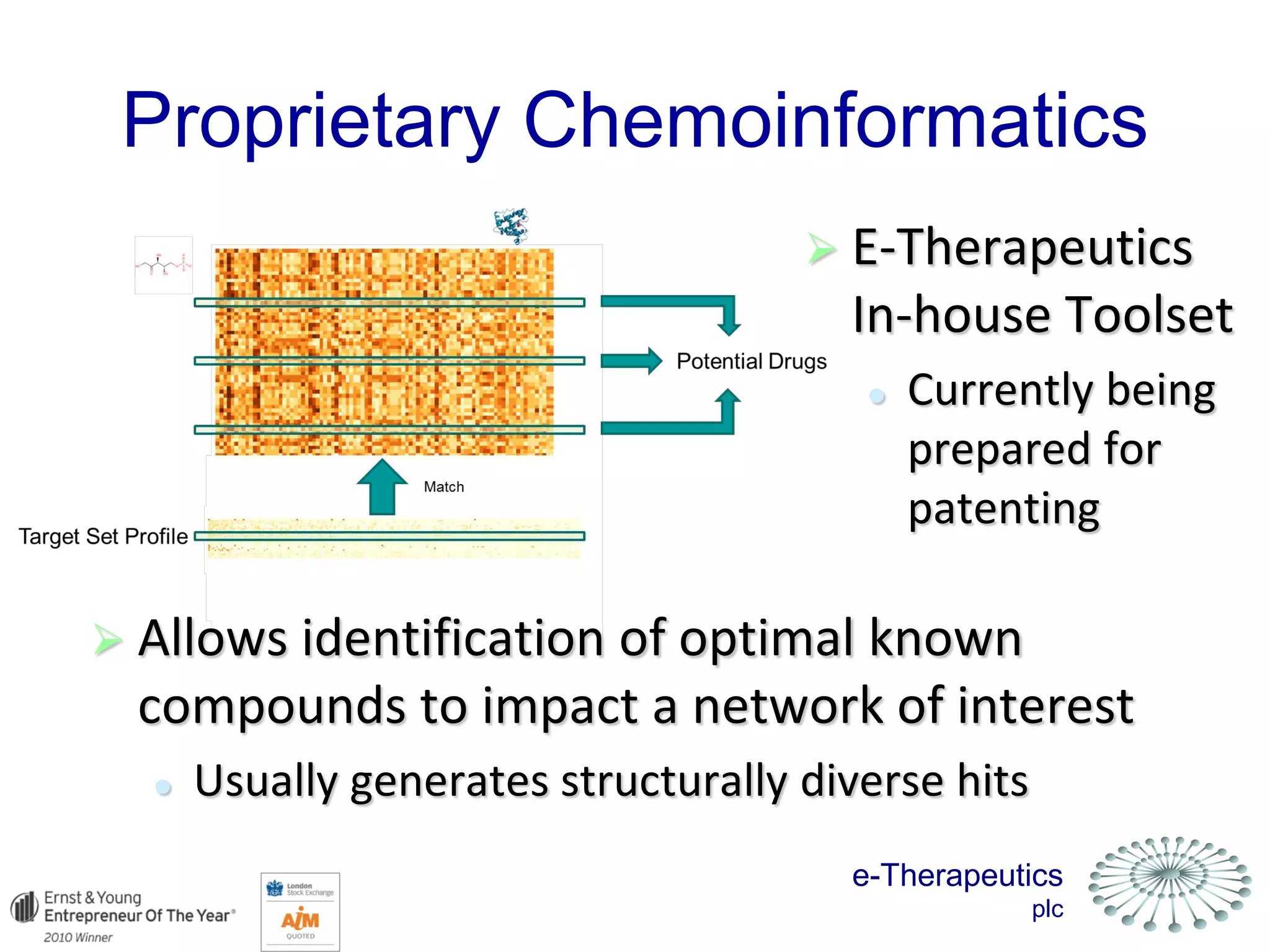 e-Therapeutics
plc
 E-Therapeutics
In-house Toolset
 Currently being
prepared for
patenting
 Allows identification of optimal known
compounds to impact a network of interest
 Usually generates structurally diverse hits
Proprietary Chemoinformatics
 