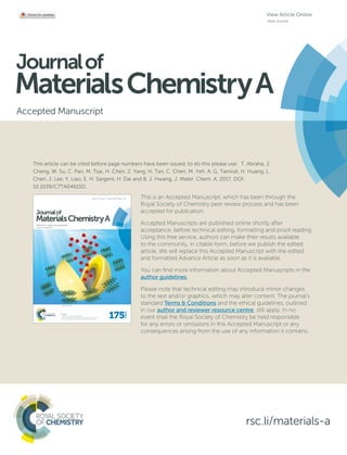 This is an Accepted Manuscript, which has been through the
Royal Society of Chemistry peer review process and has been
accepted for publication.
Accepted Manuscripts are published online shortly after
acceptance, before technical editing, formatting and proof reading.
Using this free service, authors can make their results available
to the community, in citable form, before we publish the edited
article. We will replace this Accepted Manuscript with the edited
and formatted Advance Article as soon as it is available.
You can find more information about Accepted Manuscripts in the
author guidelines.
Please note that technical editing may introduce minor changes
to the text and/or graphics, which may alter content. The journal’s
standard Terms & Conditions and the ethical guidelines, outlined
in our author and reviewer resource centre, still apply. In no
event shall the Royal Society of Chemistry be held responsible
for any errors or omissions in this Accepted Manuscript or any
consequences arising from the use of any information it contains.
Accepted Manuscript
rsc.li/materials-a
Journalof
MaterialsChemistryA
Materials for energy and sustainability
www.rsc.org/MaterialsA
ISSN 2050-7488
Volume 4 Number 1 7 January 2016 Pages 1–330
PAPER
Kun Chang, Zhaorong Chang et al.
Bubble-template-assisted synthesis of hollow fullerene-like
MoS2
nanocages as a lithium ion battery anode material
Journalof
MaterialsChemistryA
Materials for energy and sustainability
View Article Online
View Journal
This article can be cited before page numbers have been issued, to do this please use: T. Abraha, J.
Cheng, W. Su, C. Pan, M. Tsai, H. Chen, Z. Yang, H. Tan, C. Chen, M. Yeh, A. G. Tamirat, H. Huang, L.
Chen, J. Lee, Y. Liao, E. H. Sargent, H. Dai and B. J. Hwang, J. Mater. Chem. A, 2017, DOI:
10.1039/C7TA04615D.
 