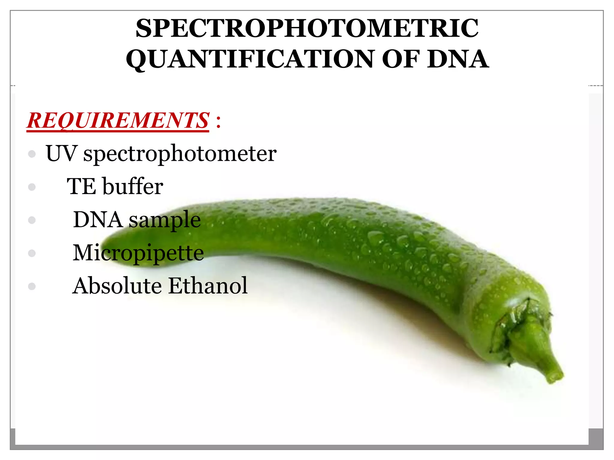 SPECTROPHOTOMETRIC
        QUANTIFICATION OF DNA

REQUIREMENTS :
 UV spectrophotometer
  TE buffer
   DNA sample
   Micropipette
   Absolute Ethanol
 