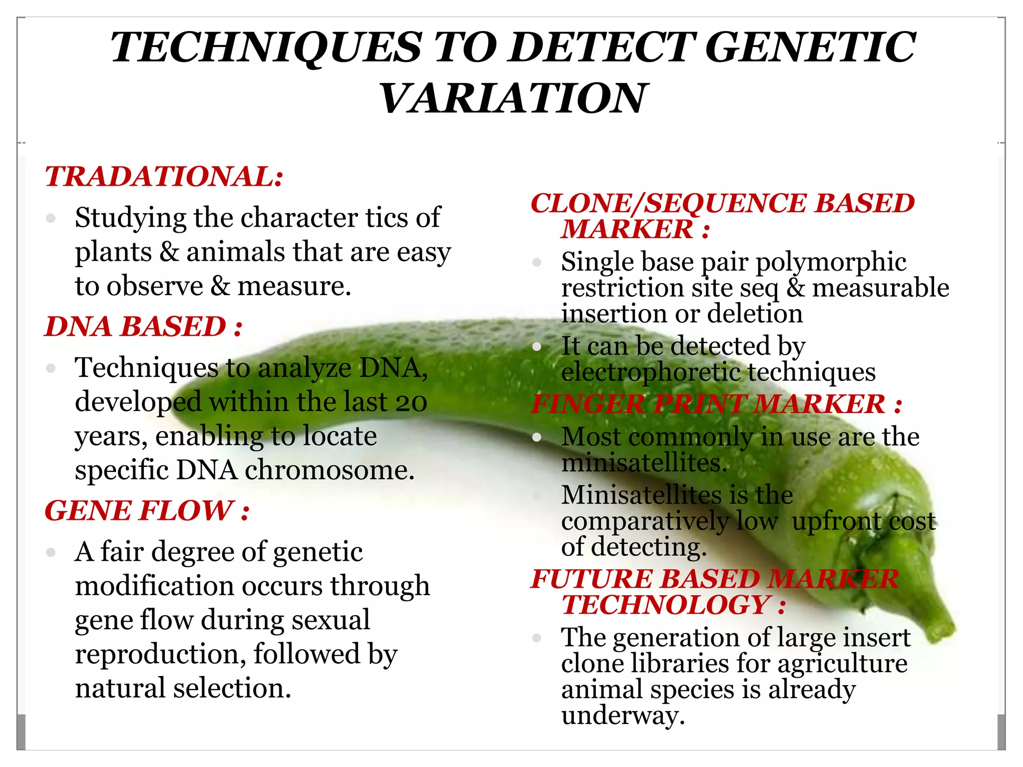 TECHNIQUES TO DETECT GENETIC
             VARIATION
TRADATIONAL:
                                   CLONE/SEQUENCE BASED
 Studying the character tics of     MARKER :
  plants & animals that are easy    Single base pair polymorphic
  to observe & measure.              restriction site seq & measurable
                                     insertion or deletion
DNA BASED :
                                    It can be detected by
 Techniques to analyze DNA,         electrophoretic techniques
  developed within the last 20     FINGER PRINT MARKER :
  years, enabling to locate         Most commonly in use are the
  specific DNA chromosome.           minisatellites.
                                    Minisatellites is the
GENE FLOW :                          comparatively low upfront cost
 A fair degree of genetic           of detecting.
  modification occurs through      FUTURE BASED MARKER
                                     TECHNOLOGY :
  gene flow during sexual
                                    The generation of large insert
  reproduction, followed by          clone libraries for agriculture
  natural selection.                 animal species is already
                                     underway.
 