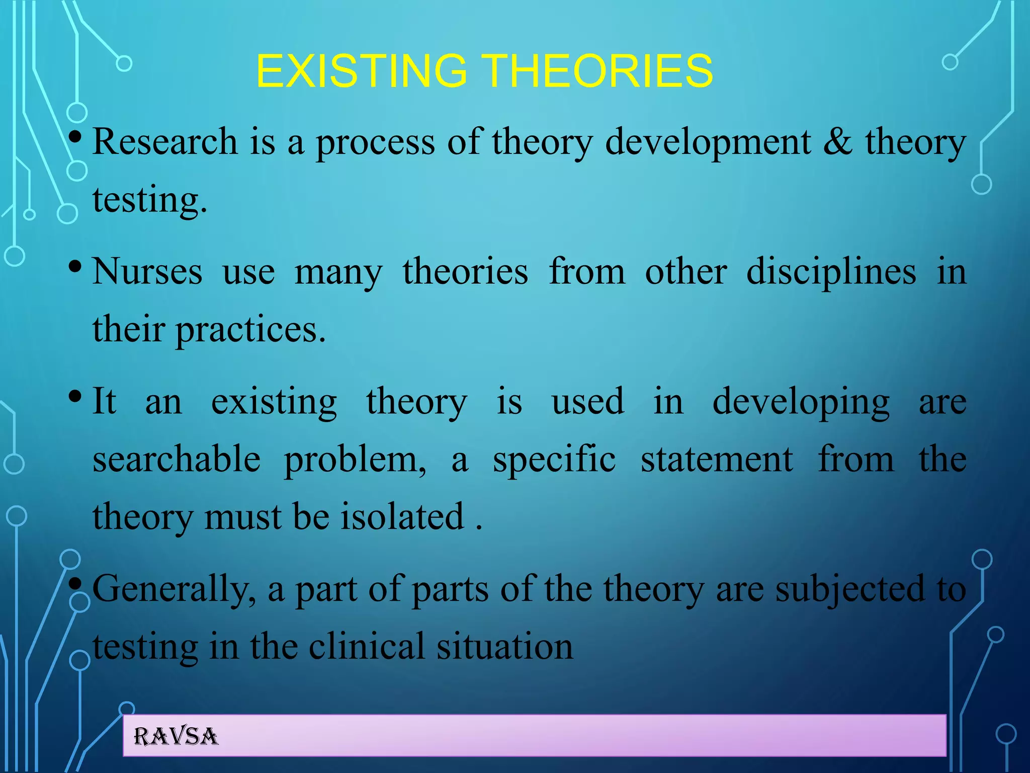 Ravsa
EXISTING THEORIES
• Research is a process of theory development & theory
testing.
• Nurses use many theories from other disciplines in
their practices.
• It an existing theory is used in developing are
searchable problem, a specific statement from the
theory must be isolated .
• Generally, a part of parts of the theory are subjected to
testing in the clinical situation
 