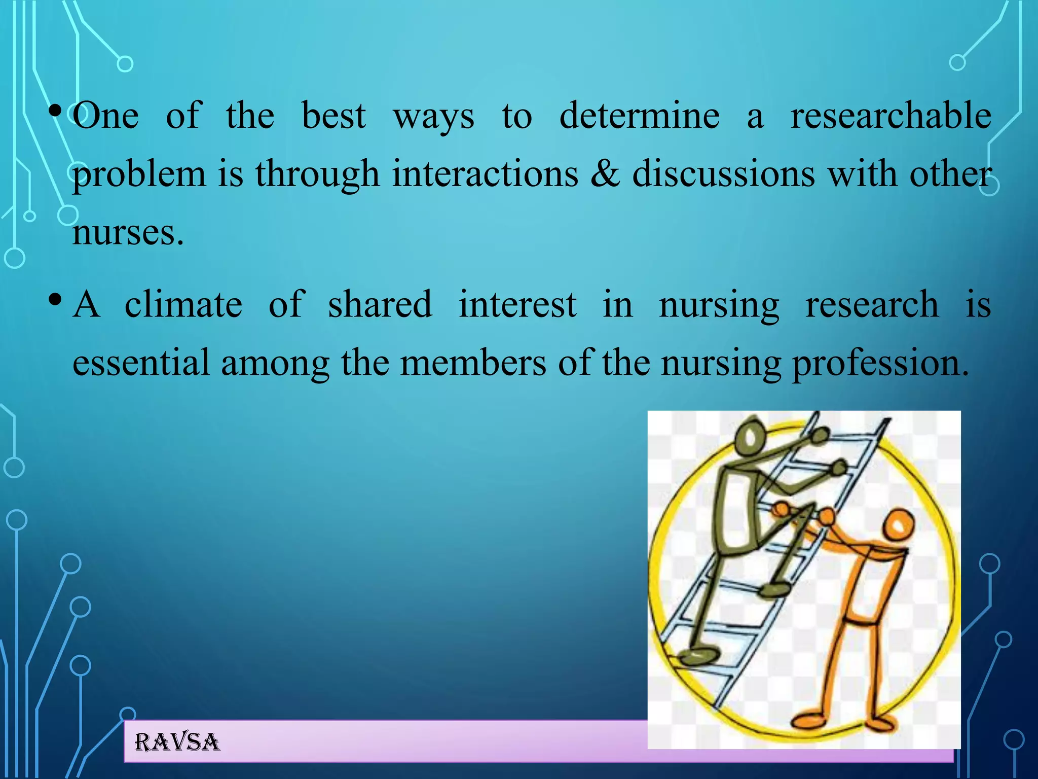 Ravsa
• One of the best ways to determine a researchable
problem is through interactions & discussions with other
nurses.
• A climate of shared interest in nursing research is
essential among the members of the nursing profession.
 