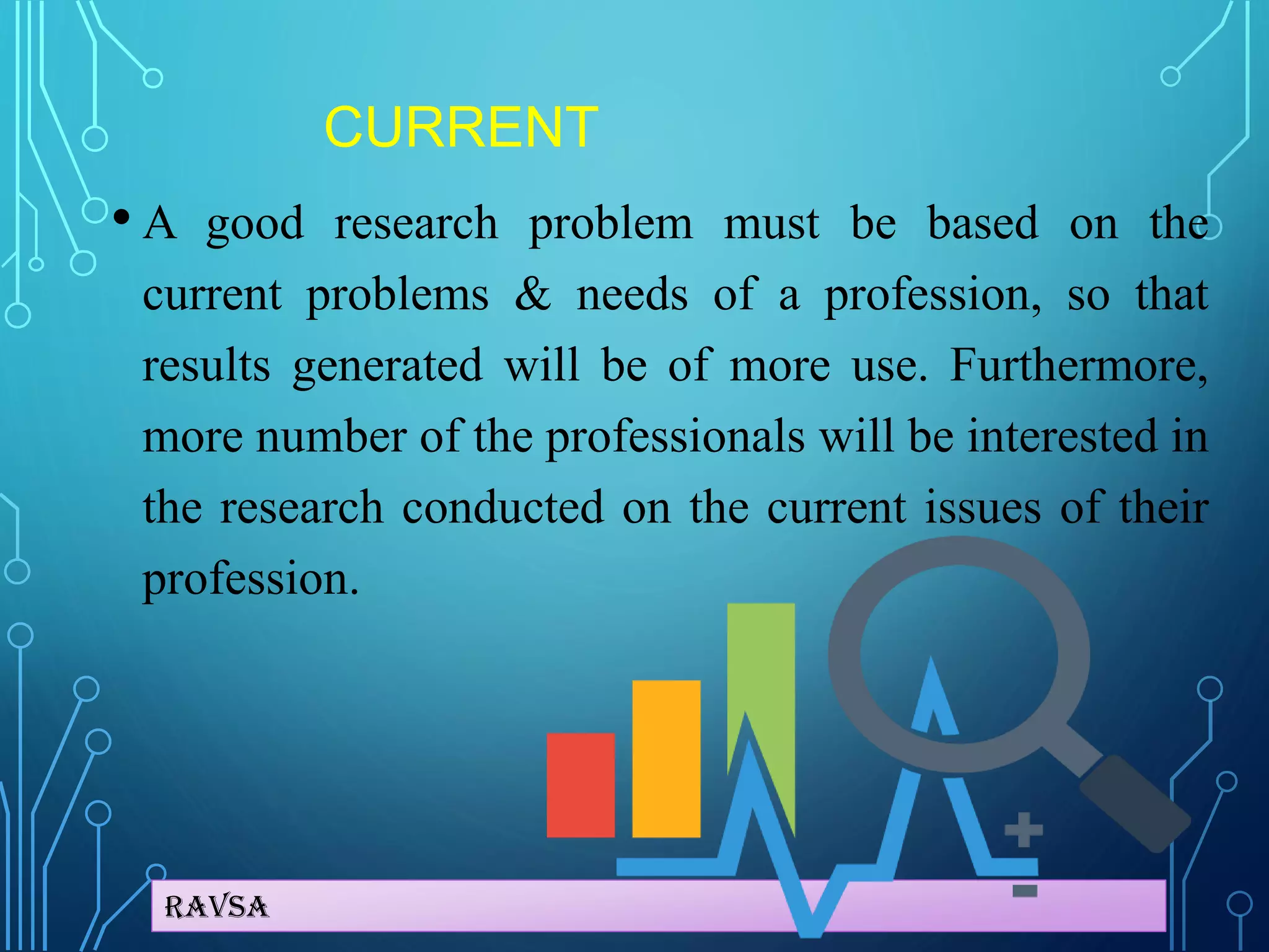 Ravsa
CURRENT
• A good research problem must be based on the
current problems & needs of a profession, so that
results generated will be of more use. Furthermore,
more number of the professionals will be interested in
the research conducted on the current issues of their
profession.
 