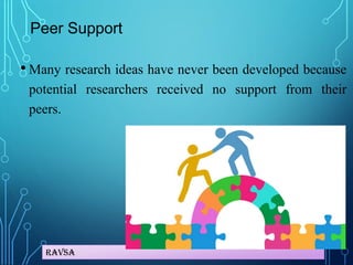 Ravsa
Peer Support
• Many research ideas have never been developed because
potential researchers received no support from their
peers.
 