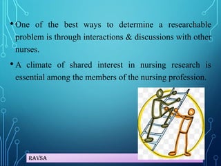 Ravsa
• One of the best ways to determine a researchable
problem is through interactions & discussions with other
nurses.
• A climate of shared interest in nursing research is
essential among the members of the nursing profession.
 
