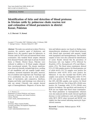 ORIGINAL PAPER
Identification of ticks and detection of blood protozoa
in friesian cattle by polmerase chain reacton test
and estimation of blood parameters in district
Kasur, Pakistan
A. Z. Durrani & N. Kamal
Accepted: 27 November 2007 /Published online: 8 February 2008
# Springer Science + Business Media B.V. 2007
Abstract The study was carried out to detect Theileria
annulata, the causative agent of theileriosis, and
Babesia bovis, the causative agent for babesiosis, in
Friesian cattle by PCR and conventional blood smear
examination. One hundred blood samples obtained
from diseased Friesian cattle kept on private livestock
farms at Pattoki, District Kasur, Pakistan were
collected in addition to 20 blood samples obtained
from non-diseased animals. The disease manifesta-
tions observed clinically included high fever, swelling
of sub mandibular and sub scapular lymph nodes,
weakness, increased respiration and pulse, anorexia,
loss of condition and rough hair coat. Neurologic sign
of in coordination was also seen in weak animals.
Signs of lacrimation, pale conjunctiva, diarrhoea,
dyspnea and frothy nasal discharge were observed in
only one animal. Clinically nine animals showed
signs of haemoglobinuria. Diagnosis of bovine thei-
leria and babesia species was based on finding many
intraerythrocytic piroplasms of both blood protozoa
with clinical signs associated with anaemia, lymph
node hyperplasia and haemoglobinuria. One hundred
samples of ticks were also collected for identification
of vector. Results showed that the prevalence of
Hyalomma tick was highest (15%) followed by
Boophilus (12%), Haemaphysalis (5%) and Rhipice-
phalus (3%). The blood smear examination showed
21% (21/100) samples positive for blood parasites out
of which 66.6% (14/ 21) samples were positive for
theileriosis while 42.8% (9/21) were positive for
babesiosis. It was also recorded that 66.66% (6/9)
samples were positive for B.bigemina while 33.33%
(3/9) were positive for B.bovis. The results showed
that 60% (60/100) samples were positive for blood
parasites by PCR test. Out of these 60% (36/60) were
positive for T.annulata while 33.33% (20/60) were
positive for babesia. The specificity and sensitivity of
PCR test was higher than blood smear examination.
The blood parameters in haemoparasites infection
were also analyzed and the results showed significant
decrease in total erythrocyte count and haemoglobin
while MCV, MCH values increased and MCHC was
slightly less than normal indicating macrocytic hypo-
chromic anaemia.
Keywords T.annulata . Babesia species . PCR .
Hematology
Trop Anim Health Prod (2008) 40:441–447
DOI 10.1007/s11250-007-9117-y
A. Z. Durrani (*)
Department of Clinical Medicine and Surgery,
University of Veterinary and Animal Sciences,
Lahore, Pakistan
e-mail: aneela_nadeem@hotmail.com
N. Kamal
Veterinary officer (Animal Health),
Livestock and Dairy Development Department,
Punjab, Pakistan
e-mail: nadeemkamal@hotmail.com
 