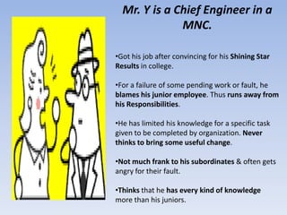 Mr. Y is a Chief Engineer in a
              MNC.

•Got his job after convincing for his Shining Star
Results in college.

•For a failure of some pending work or fault, he
blames his junior employee. Thus runs away from
his Responsibilities.

•He has limited his knowledge for a specific task
given to be completed by organization. Never
thinks to bring some useful change.

•Not much frank to his subordinates & often gets
angry for their fault.

•Thinks that he has every kind of knowledge
more than his juniors.
 