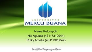 Nama Kelompok:
Nia Agustia (43117310044)
Rizky Amelia (43117320042)
Identifikasi Lingkungan Bisnis
 