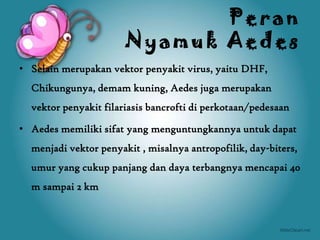 Peran
                       Nyamuk Aedes
• Selain merupakan vektor penyakit virus, yaitu DHF,
  Chikungunya, demam kuning, Aedes juga merupakan
  vektor penyakit filariasis bancrofti di perkotaan/pedesaan

• Aedes memiliki sifat yang menguntungkannya untuk dapat
  menjadi vektor penyakit , misalnya antropofilik, day-biters,
  umur yang cukup panjang dan daya terbangnya mencapai 40
  m sampai 2 km
 