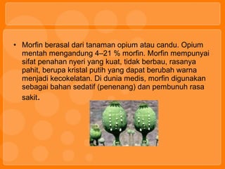 • Morfin berasal dari tanaman opium atau candu. Opium
mentah mengandung 4–21 % morfin. Morfin mempunyai
sifat penahan nyeri yang kuat, tidak berbau, rasanya
pahit, berupa kristal putih yang dapat berubah warna
menjadi kecokelatan. Di dunia medis, morfin digunakan
sebagai bahan sedatif (penenang) dan pembunuh rasa
sakit.
 