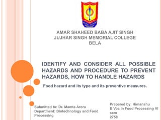 IDENTIFY AND CONSIDER ALL POSSIBLE
HAZARDS AND PROCEDURE TO PREVENT
HAZARDS, HOW TO HANDLE HAZARDS
Food hazard and its type and its preventive measures.
Prepared by: Himanshu
B.Voc in Food Processing VI
sem
2758
Submitted to: Dr. Mamta Arora
Department: Biotechnology and Food
Processing
AMAR SHAHEED BABA AJIT SINGH
JUJHAR SINGH MEMORIAL COLLEGE
BELA
 