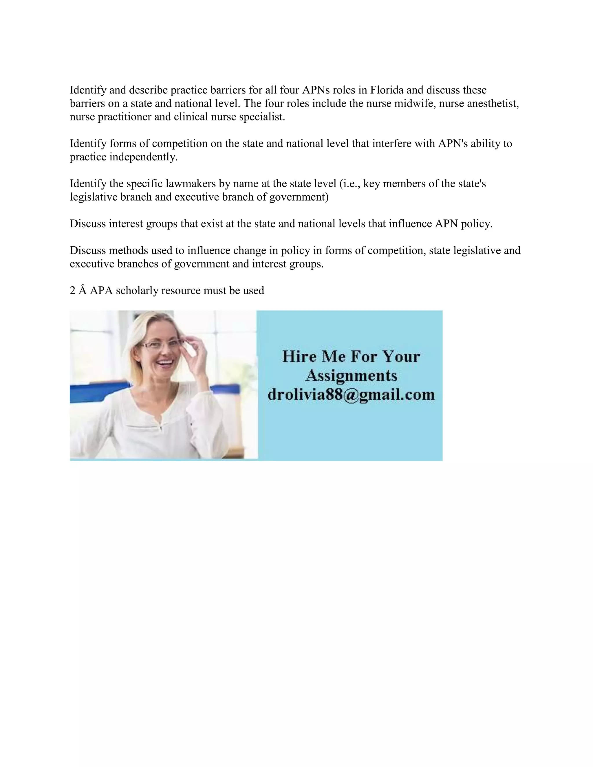 Identify and describe practice barriers for all four APNs roles in Flo.docx