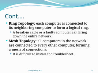 Compiled By M.Z 23
Cont….
 Ring Topology: each computer is connected to
its neighboring computer to form a logical ring.
 A break-in cable or a faulty computer can Bring
down the entire network.
 Mesh Topology: all computers in the network
are connected to every other computer, forming
a mesh of connections.
 It is difficult to install and troubleshoot.
 