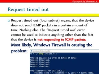 Equipped By Abenezer A.
Request timed out
 Request timed out (local subnet) means, that the device
does not send ICMP packets in a certain amount of
time. Nothing else. The “Request timed out” error
cannot be used to indicate anything other than the fact
that the device is not responding to ICMP packets.
Most likely, Windows Firewall is causing the
problem:
 
