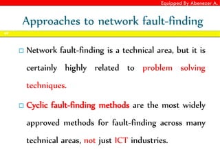 Equipped By Abenezer A.
Approaches to network fault-finding
 Network fault-finding is a technical area, but it is
certainly highly related to problem solving
techniques.
 Cyclic fault-finding methods are the most widely
approved methods for fault-finding across many
technical areas, not just ICT industries.
69
 