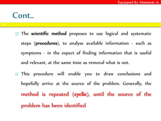 Equipped By Abenezer A.
 The scientific method proposes to use logical and systematic
steps (procedures), to analyse available information - such as
symptoms - in the expect of finding information that is useful
and relevant, at the same time as removal what is not.
 This procedure will enable you to draw conclusions and
hopefully arrive at the source of the problem. Generally, the
method is repeated (cyclic), until the source of the
problem has been identified
71
Cont..
 