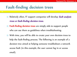 Equipped By Abenezer A.
Fault-finding decision trees
 Relatively often, IT support companies will develop fault analysis
trees or fault-finding decision trees.
 Fault-finding decision trees are simply aids to support people
who can use them as guidelines when troubleshooting.
 With time, you will be able to create your own decision trees to
help the fault-finding process. The following is an example of a
decision tree aimed at helping someone troubleshoot a network
access fault (in this example, the user cannot log in or access
email).
76
 
