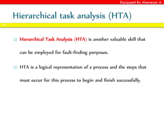 Equipped By Abenezer A.
Hierarchical task analysis (HTA)
 Hierarchical Task Analysis (HTA) is another valuable skill that
can be employed for fault-finding purposes.
 HTA is a logical representation of a process and the steps that
must occur for this process to begin and finish successfully.
81
 