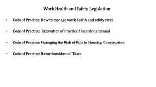 Work Health and Safety Legislation
• Code of Practice: How to manage work health and safety risks
• Code of Practice: Excavation of Practice: Hazardous manual
• Code of Practice: Managing the Risk of Falls in Housing Construction
• Code of Practice: Hazardous Manual Tasks
 