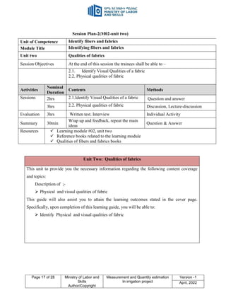 Page 17 of 28 Ministry of Labor and
Skills
Author/Copyright
Measurement and Quantity estimation
In irrigation project
Version -1
April, 2022
Session Plan-2(M02-unit two)
Unit of Competence Identify fibers and fabrics
Module Title Identifying fibers and fabrics
Unit two Qualities of fabrics
Session Objectives At the end of this session the trainees shall be able to –
2.1. Identify Visual Qualities of a fabric
2.2. Physical qualities of fabric
Activities
Nominal
Duration
Contents Methods
Sessions 2hrs 2.1.Identify Visual Qualities of a fabric Question and answer
3hrs 2.2. Physical qualities of fabric Discussion, Lecture-discussion
Evaluation 3hrs Written test. Interview Individual Activity
Summary 30min
Wrap up and feedback, repeat the main
ideas
Question & Answer
Resources  Learning module #02, unit two
 Reference books related to the learning module
 Qualities of fibers and fabrics books
Unit Two: Qualities of fabrics
This unit to provide you the necessary information regarding the following content coverage
and topics:
Description of ;-
 Physical and visual qualities of fabric
This guide will also assist you to attain the learning outcomes stated in the cover page.
Specifically, upon completion of this learning guide, you will be able to:
 Identify Physical and visual qualities of fabric
 