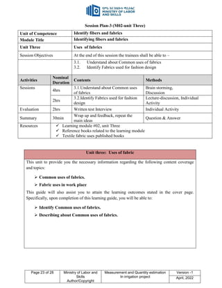 Page 23 of 28 Ministry of Labor and
Skills
Author/Copyright
Measurement and Quantity estimation
In irrigation project
Version -1
April, 2022
Session Plan-3 (M02-unit Three)
Unit of Competence Identify fibers and fabrics
Module Title Identifying fibers and fabrics
Unit Three Uses of fabrics
Session Objectives At the end of this session the trainees shall be able to –
3.1. Understand about Common uses of fabrics
3.2. Identify Fabrics used for fashion design
Activities
Nominal
Duration
Contents Methods
Sessions
4hrs
3.1.Understand about Common uses
of fabrics
Brain storming,
Discussion
2hrs
3.2.Identify Fabrics used for fashion
design
Lecture-discussion, Individual
Activity
Evaluation 2hrs Written test Interview Individual Activity
Summary 30min
Wrap up and feedback, repeat the
main ideas
Question & Answer
Resources  Learning module #02, unit Three
 Reference books related to the learning module
 Textile fabric uses published books
Unit three: Uses of fabric
This unit to provide you the necessary information regarding the following content coverage
and topics:
 Common uses of fabrics.
 Fabric uses in work place
This guide will also assist you to attain the learning outcomes stated in the cover page.
Specifically, upon completion of this learning guide, you will be able to:
 Identify Common uses of fabrics.
 Describing about Common uses of fabrics.
 