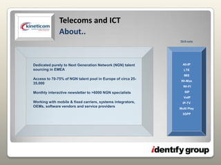 Skill-setsAll-IPLTEIMSWi-Max Wi-FI SIP VoIPIP-TVMulti Play3GPPDedicated purely to Next Generation Network (NGN) talent sourcing in EMEAAccess to 70-75% of NGN talent pool in Europe of circa 25-35,000Monthly interactive newsletter to >6000 NGN specialistsWorking with mobile & fixed carriers, systems integrators, OEMs, software vendors and service providers Telecoms and ICTAbout..