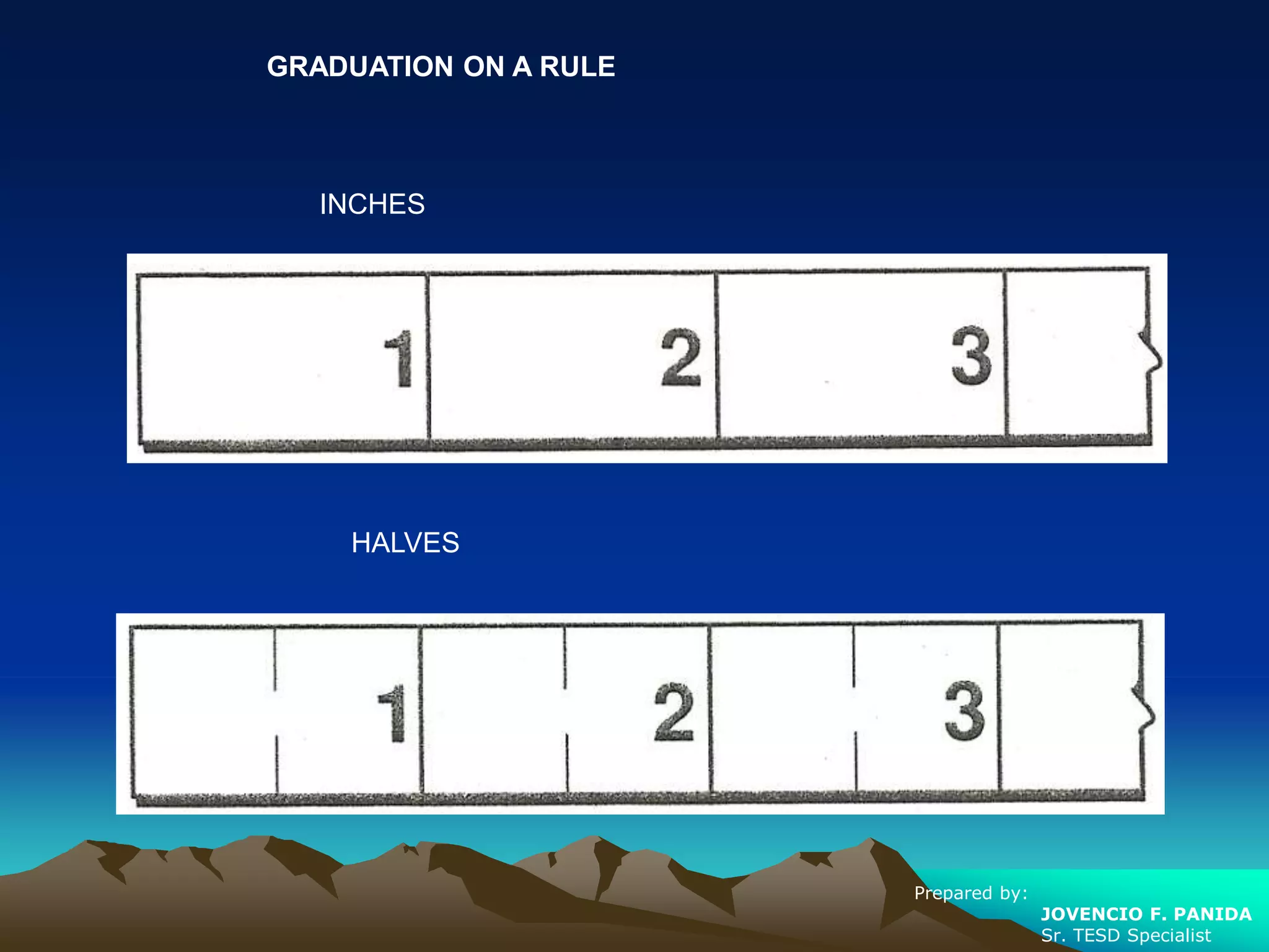 GRADUATION ON A RULE
INCHES
HALVES
Prepared by:
JOVENCIO F. PANIDA
Sr. TESD Specialist
 