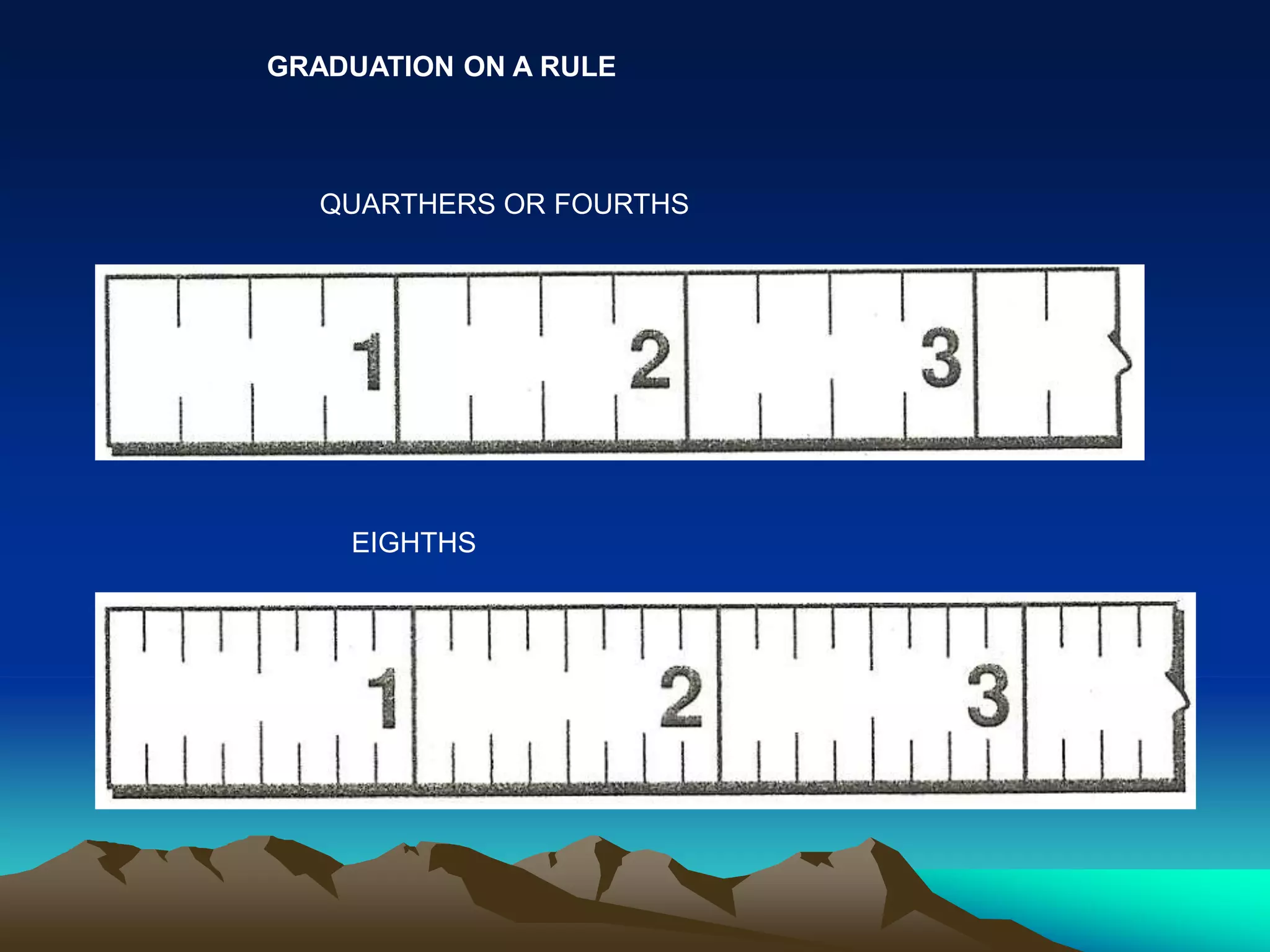 GRADUATION ON A RULE
QUARTHERS OR FOURTHS
EIGHTHS
 