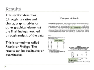 Results <ul><li>This section describes (through narrative and charts, graphs, tables or other graphical elements) the fina...