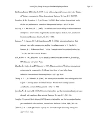 Björkman, Ingmar &SörenKock. 1995. Social relationships and business networks: the case
of Western companies in China. International Business Review, 4(4): 519-535.
Brouthers, K. D., Brouthers, L. E., & Werner, S. (2008). Real options, international mode
choice and performance. Journal of Management Studies, 45(5), 936–960.
Buckley, P. J., &Casson, M. C. (2009). The internationalization theory of the multinational
enterprise: a review of the progress of a research agenda after 30 years. Journal of
International Business Studies, 40, 1563–1580.
Buckley, P. J., Casson, M. C., &Gulamhussen, M. A. (2002). Internationalization: Real
options, knowledge management, and the Uppsala approach. In V. Havila, M.
Forsgen, & H. Hakansson (Eds.), Critical Perspectives on Internationalization (pp.
229–261). Oxford: Elsevier Science
Burt, Ronald S. 1992. Structural Holes: The Social Structure of Competition, Cambridge,
MA: Harvard University Press.
Chandra, Y., Styles, C. and Wilkinson, I., 2009. The recognition of first time international
entrepreneurial opportunities: Evidence from firms in knowledge-based
industries. International Marketing Review, 26(1), pp.30-61.
Chung, H. F. L., &Enderwick, P. (2001). An investigation of market entry strategy selection:
Export vs. foreign direct investment modes: A home-host country scenario.
Asia Pacific Journal of Management, 18(4), 443–460
Coviello, N., & Munro, H. (1997). Network relationships and the internationalization process
of small software firms. International Business Review, 6(4), 361–386.
Coviello, Nicole and Hugh Munro.1997.Network relationships and the internationalisation
process of small software firms, International Business Review, 6 (4), 361-386.
Creswell, J.W., (2013). Qualitative inquiry and research design: Choosing among five
approaches. Sage.
Page 45
Identifying Entry Strategies into Developing markets
 