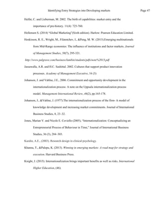 Higher Education, (46).
Helfat, C. and Lieberman, M. 2002. The birth of capabilities: market entry and the
importance of pre-history. 11(4): 725-760.
Hollensen S. (2014) “Global Marketing”(Sixth edition). Harlow: Pearson Education Limited.
Hoskisson, R. E., Wright, M., Filatotchev, I., &Peng, M. W. (2013).Emerging multinationals
from Mid‐Range economies: The influence of institutions and factor markets. Journal
of Management Studies, 50(7), 295-321.
http://www.palgrave.com/business/lambin/students/pdfs/note%2013.pdf
Jassawalla, A.R. and H.C. Sashittal. 2002. Cultures that support product innovation
processes. Academy of Management Executive, 16 (3)
Johanson, J. and Vahlne, J.E., 2006. Commitment and opportunity development in the
internationalization process: A note on the Uppsala internationalization process
model. Management International Review, 46(2), pp.165-178.
Johanson, J., &Vahlne, J. (1977).The internationalization process of the firm- A model of
knowledge development and increasing market commitments. Journal of International
Business Studies, 8, 23–32.
Jones, Marian V. and Nicole E. Coviello (2005), “Internationalization: Conceptualizing an
Entrepreneurial Process of Behaviour in Time,” Journal of International Business
Studies, 36 (3), 284–303.
Kazdin, A.E., (2003). Research design in clinical psychology.
Khanna, T., &Palepu, K. (2013). Winning in emerging markets: A road map for strategy and
execution. Harvard Business Press.
Knight, J. (2015). Internationalization brings important benefits as well as risks. International
Page 47
Identifying Entry Strategies into Developing markets
 