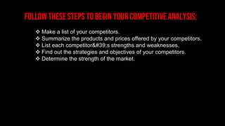 ❖ Make a list of your competitors.
❖ Summarize the products and prices offered by your competitors.
❖ List each competitor's strengths and weaknesses.
❖ Find out the strategies and objectives of your competitors.
❖ Determine the strength of the market.
 