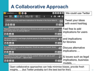 A Collaborative Approach
We could use Twitter
10
Tweet your ideas
with event hashtag
I think teleporting could have implications for libraries in the future! #jibs15
58
Teleporting could have implications for libraries as people won’t be put off
from visiting when it’s raining! #jibs15 22
and implications
for libraries
We would therefore need larger physical spaces for the teleporting visitors to
the library #jibs15 41
Discuss alternative
implications …
So maybe the books could be teleported. Would we need a physical library
building? #jibs15 48
10
& issues such as legal
implications, business
models, …
What about the legal implication? Border control? Which VAT rate to use?
Importing banned book? … #jibs15 #wtf 27
Feel free to add
implications for users
…
Open collaborative approaches can help minimise biases, provide fresh
insights, … (but Twitter probably isn’t the best tool for this!)
 
