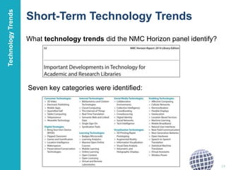 Short-Term Technology Trends
What technology trends did the NMC Horizon panel identify?
14
Seven key categories were identified:
TechnologyTrends
 