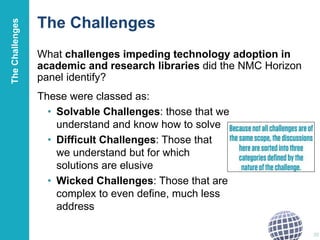 The Challenges
What challenges impeding technology adoption in
academic and research libraries did the NMC Horizon
panel identify?
20
These were classed as:
• Solvable Challenges: those that we
understand and know how to solve
• Difficult Challenges: Those that
we understand but for which
solutions are elusive
• Wicked Challenges: Those that are
complex to even define, much less
address
TheChallenges
 